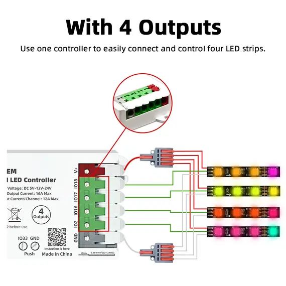 DOMRAEM ESP32 4 Output WLED Controller 16A Fuse & Level Shifter Sound Sync Compatible with WS281x Digital RGB IC LED Strip Light