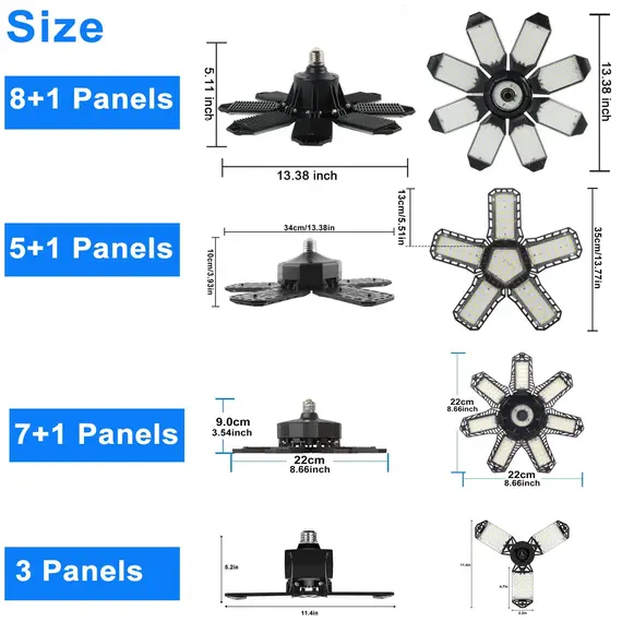 Deformable LED Bulb Garage Light with 3/5/8 Adjustable Panel LED Shop Night Lamp for Workshop Warehouse E26/E27 Ceiling Lighting