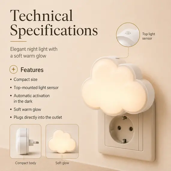 Cloud Shaped LED Nightlight with Light Sensor Plug in Automatic on Off Lamp for Children Room Hallway Stairway
