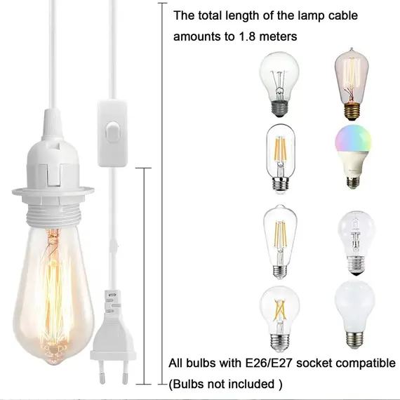 EU/US Plug 1.8m Power Cord Cables E27 Full Teeth Lamp Base Holder With Switch Wire For Pendant Fixture Hang Lamp