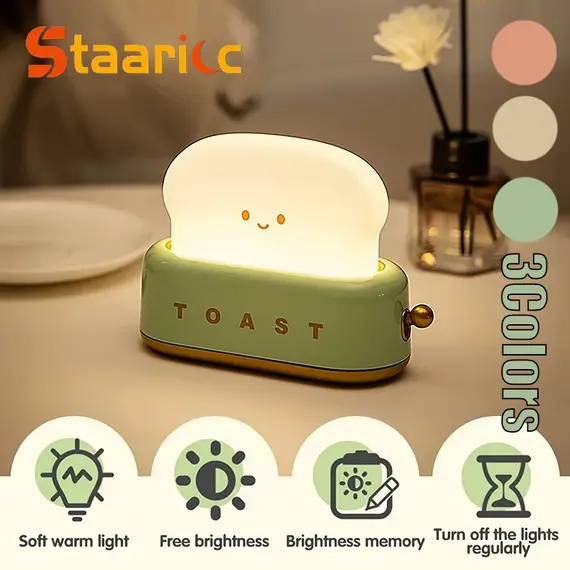 Rechargeable Cute Toaster Night Light - Toast Shape Bedside Lamp with Smile Face,Dimmable Desk Decor,Bedroom,Living Room,Gift