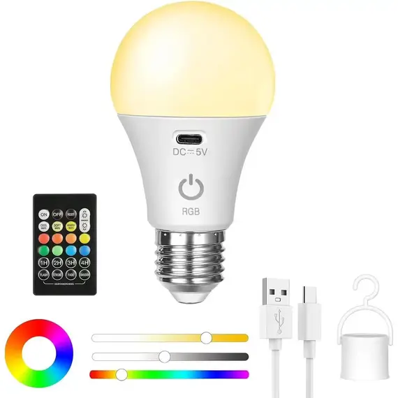 Rechargeable Light Bulb with Remote Control Dim & RGB, Timer, E27 Base,Backup Emergency Light for Home or Outdoor