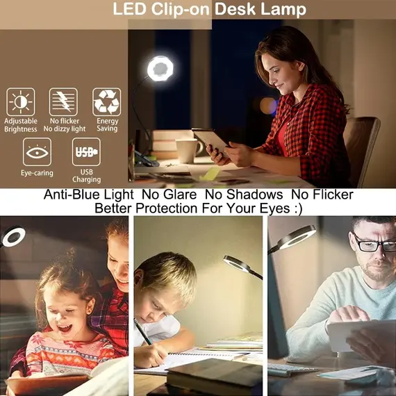 48 LED USB Book Light Clip Desk Lamp Reading Light With 3Color Mode 10 Brightness Dimmer 360° Flexible GooseneckBed Night Lamp