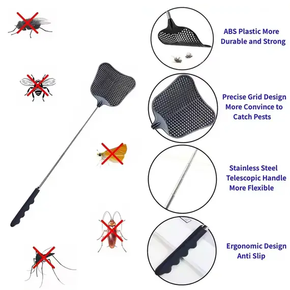 Long Handle Telescopic Fly Swatters Durable Plastic Heavy Stainless Duty Flyswatter Anti Slip Handle Mosquito Repellent Tools