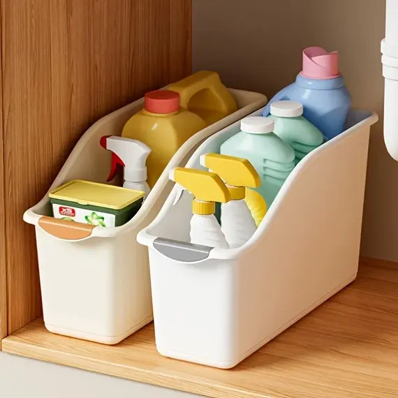 Curved Plastic Storage Bins Set - Multipurpose Home Organization Boxes for Cleaning Supplies & Household Essentials
