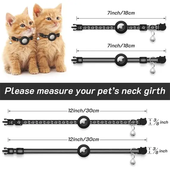 Cat Collar Compatible with Apple Airtag with Bell Adjustable Safety Buckle Reflective GPS Collar for Kittens Puppies 7-12In