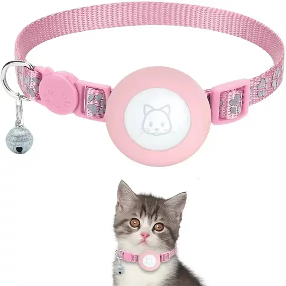 Cat Collar Compatible with Apple Airtag with Bell Adjustable Safety Buckle Reflective GPS Collar for Kittens Puppies 7-12In
