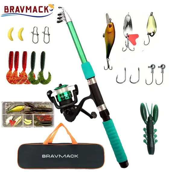 Fishing Pole Set Full Kits With Telescopic Fishing Rod And Spinning Reel Baits Hooks Travel Pole Set