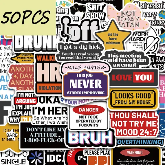 50pcs adult funny humorous text series stickers, suitable for decorating tablets, suitcases, water bottles, waterproof stickers