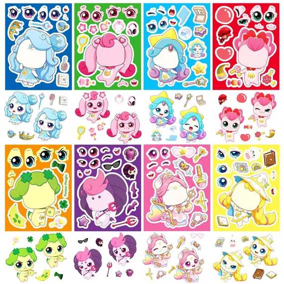  8Sheets Anime Cartoon Make a Face Make a Face Jigsaw Decals DIY Assemble Education Sticker Cute Cartoon Stationery Toys Gift