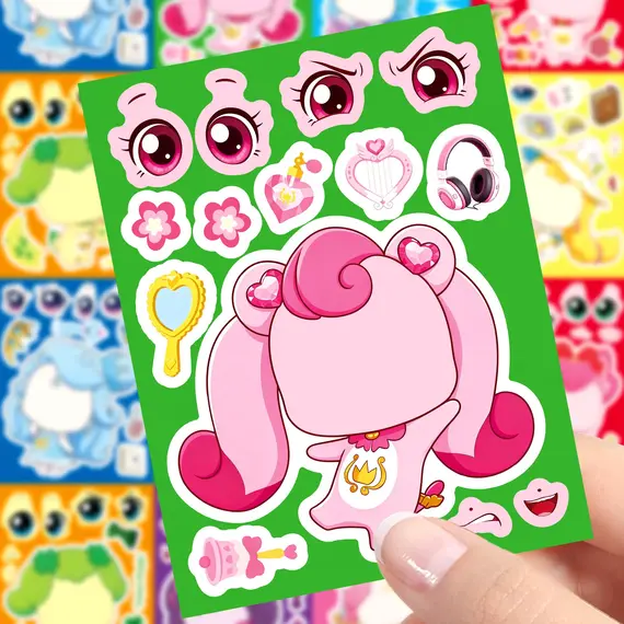  8Sheets Anime Cartoon Make a Face Make a Face Jigsaw Decals DIY Assemble Education Sticker Cute Cartoon Stationery Toys Gift
