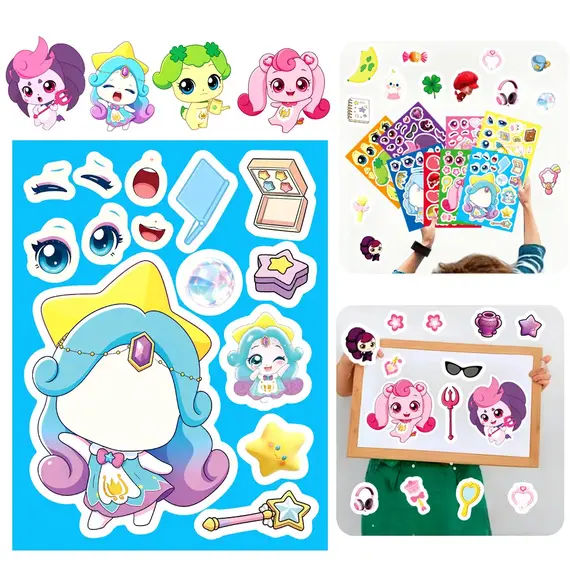  8Sheets Anime Cartoon Make a Face Make a Face Jigsaw Decals DIY Assemble Education Sticker Cute Cartoon Stationery Toys Gift