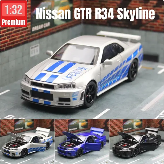 1/32 Nissan Skyline GTR R34 JDM Toy Car Model Diecast Vehicle Miniature Sound & Light Pull Back Collection Gift Children Boy
