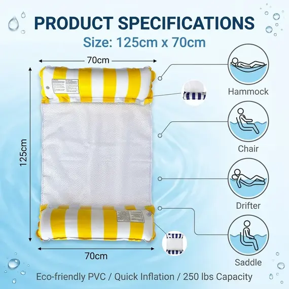 Striped Inflatable Water Hammock Float, Multi-Purpose Mesh Pool Lounger, Foldable Floating Bed, Beach and Summer Water Party Use