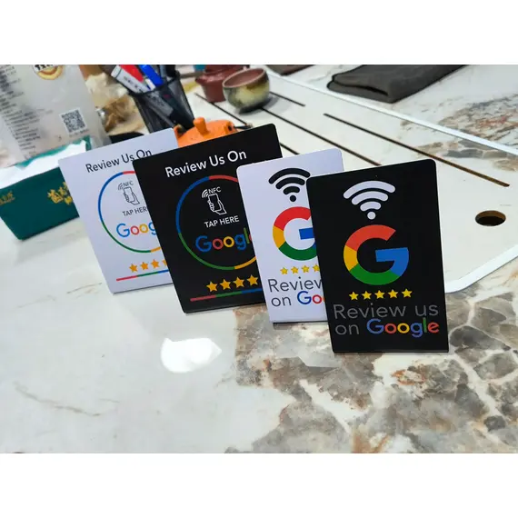 Hilo 13.56Mhz programmable Google Review Card NFC station table NFC Google Reviews display bending card standing brand bracket