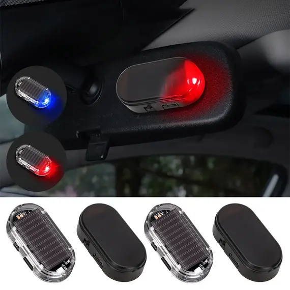 2PCS Solar Powered Car Fake Security Light Blue/Red Simulated Wireless Warning Lights Anti-Theft Alarm Flashing Signal Lamp