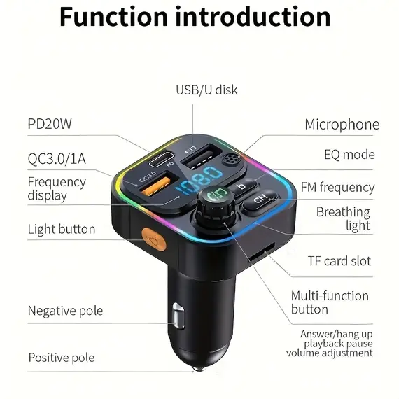 FM Transmitter Bluetooth 5.3 Handsfree Car AUX Radio Modulator MP3 Player with PD20W QC3.0 Fast Charge Adapter Car Accessories