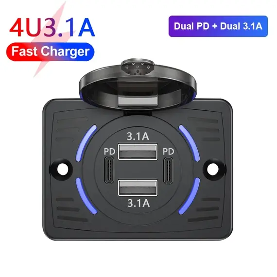 12V-24V Dual USB QC3.0 PD 3.1A/2.1A Car Charger Socket Quick Charge with Sliding Cap Outlet Panel Adapter for Truck Camper RV