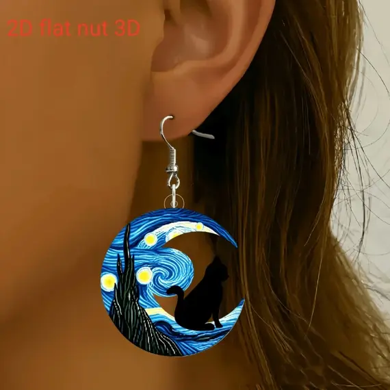 1 pair of Van Gogh starry sky pattern acrylic earrings, moon black cat unique ladies earrings, very suitable for daily party wea