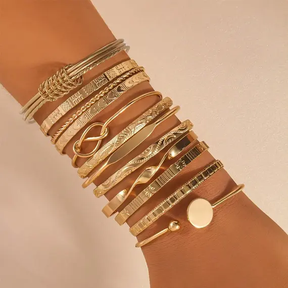 12 Pcs/Set Trendy Multilayer Open Bangles Set for Women Punk Gold Color Geometric Delicate Twist Bracelets Wedding Jewelry Gifts