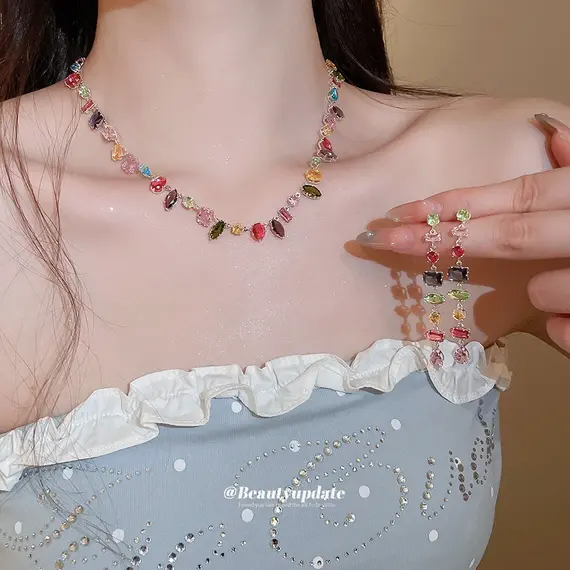 Brand 18K Gold Plated New Luxury Colourful Crystal Zircon Necklace For Women Fashion Party Jewelry Accessories Ladies Jewellery