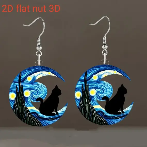1 pair of Van Gogh starry sky pattern acrylic earrings, moon black cat unique ladies earrings, very suitable for daily party wea
