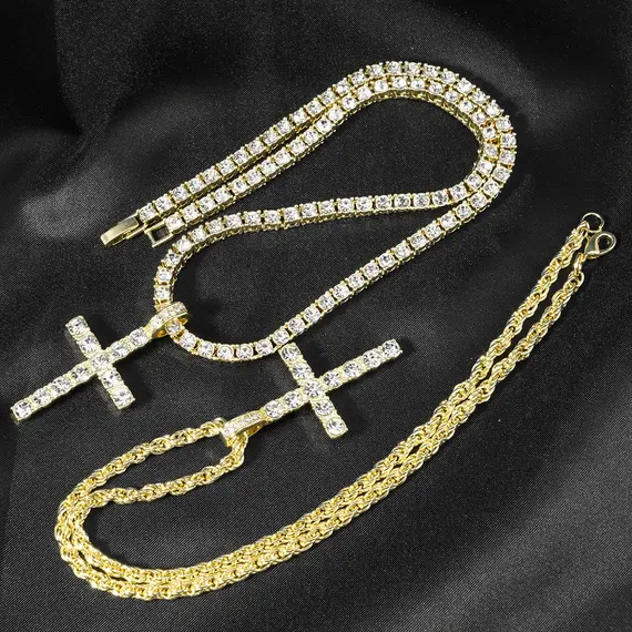 Hip Hop Iced Out Cross Pendant Necklace Strap 4mm Zircon Tennis Chain Men Women Sparkling Necklace Punk Jewelry Fashion Gift
