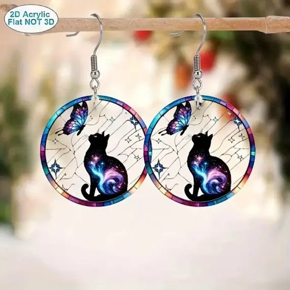 1 pair of Van Gogh starry sky pattern acrylic earrings, moon black cat unique ladies earrings, very suitable for daily party wea