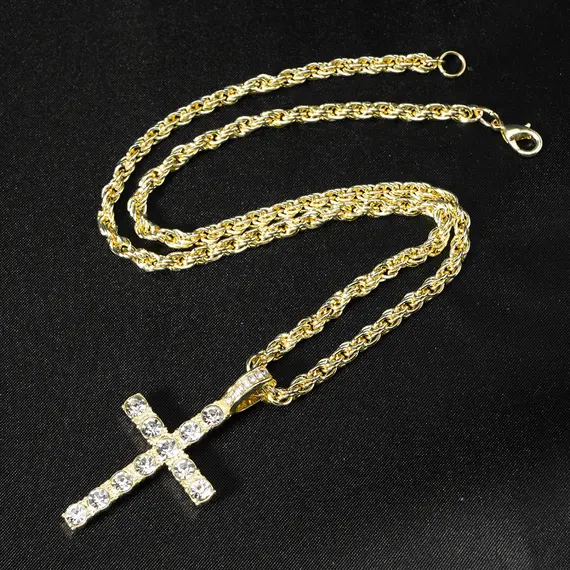 Hip Hop Iced Out Cross Pendant Necklace Strap 4mm Zircon Tennis Chain Men Women Sparkling Necklace Punk Jewelry Fashion Gift