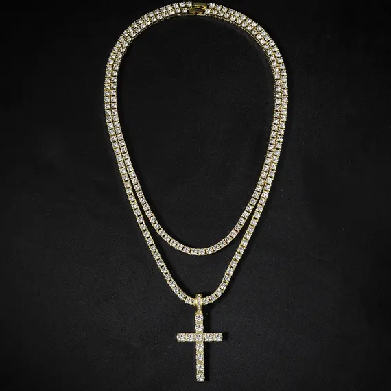 Hip Hop Iced Out Cross Pendant Necklace Strap 4mm Zircon Tennis Chain Men Women Sparkling Necklace Punk Jewelry Fashion Gift