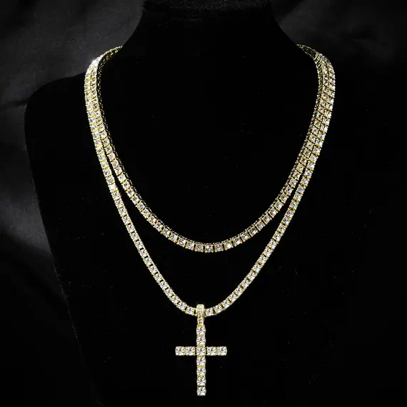 Hip Hop Iced Out Cross Pendant Necklace Strap 4mm Zircon Tennis Chain Men Women Sparkling Necklace Punk Jewelry Fashion Gift