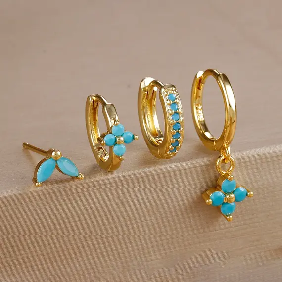 4pcs Fashion Cubic Zirconia Flower Hoop Earrings Set 18K Gold Plated Stainless Steel Stud Earring Piercing Jewelry aretes mujer