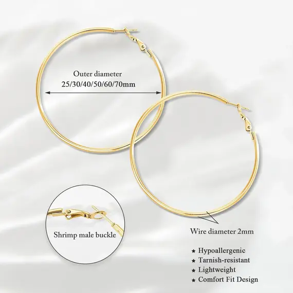 Stainless Steel Big Circle Hoop Earrings for Women,Gold Plated Hypoallergenic Non Tarnish  25mm-70mm Loop Jewelry