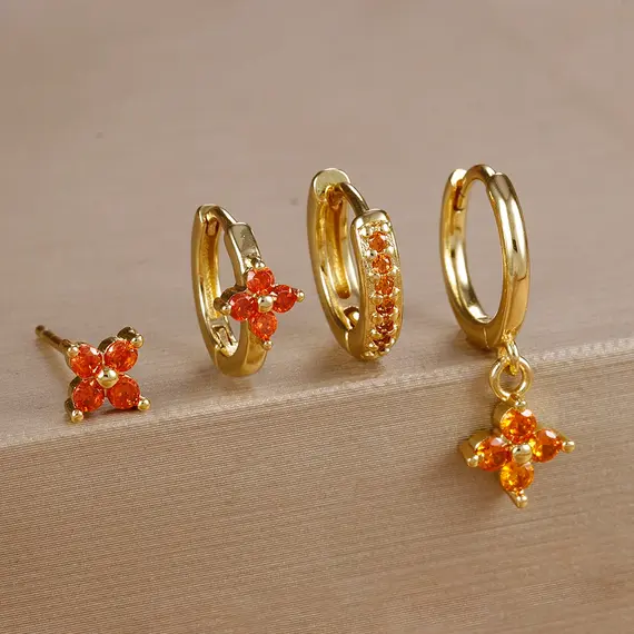 4pcs Fashion Cubic Zirconia Flower Hoop Earrings Set 18K Gold Plated Stainless Steel Stud Earring Piercing Jewelry aretes mujer