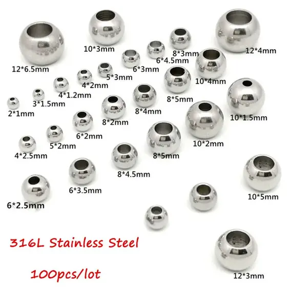 100pcs 2 Mm-12 mm Stainless Steel Beads European Ball Metal Big Hole Spacer Beads for Jewelry Making DIY Bracelet Necklace