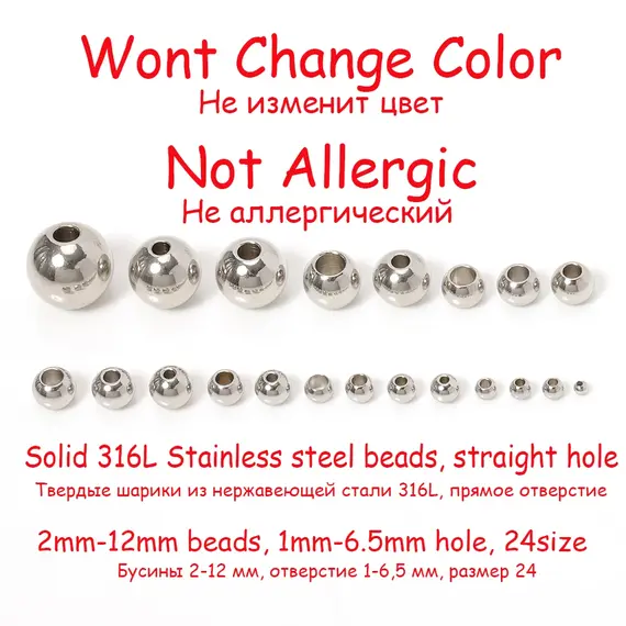 100pcs 2 Mm-12 mm Stainless Steel Beads European Ball Metal Big Hole Spacer Beads for Jewelry Making DIY Bracelet Necklace
