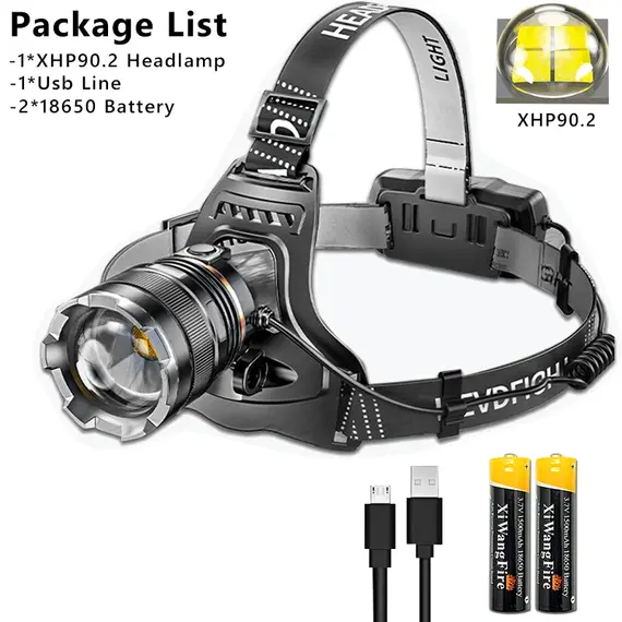 XHP90.2 Super Powerful Headlamp Rechargeable Head Flashlight High Power Head Lamp 1000Meters Headlight 2*18650 Fishing Lantern