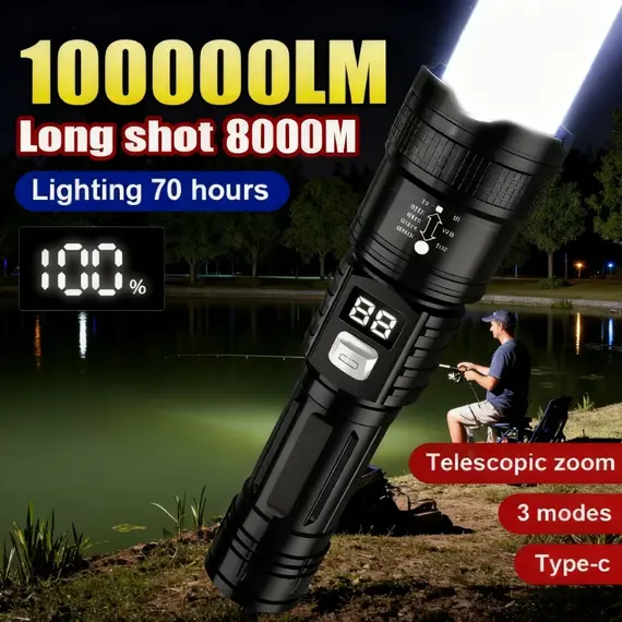 100000LM Super Bright Flashlight Rechargeable LED Torch Long Range Tactical Lamp for Outdoor Waterproof Camping Fishing Lantern