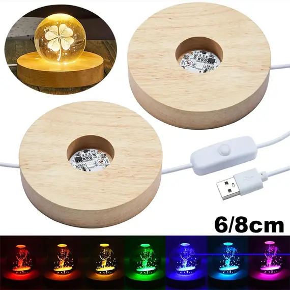 1/4pcs LED Wooden Round Lighted Base Adjustable Colors Changing Display Stand for Home Illuminate 3D Crystal Glass Resin Art