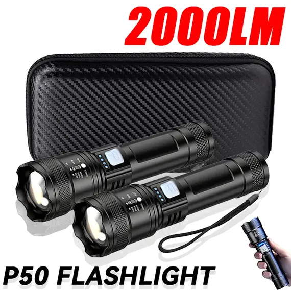 Tactical LED Flashlight 2000LM USB Rechargeable Waterproof Grade Zoom Torch Bright Portable Emergency Light for Camping Outdoor