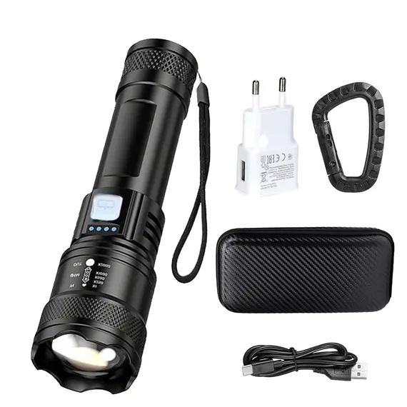 Tactical LED Flashlight 2000LM USB Rechargeable Waterproof Grade Zoom Torch Bright Portable Emergency Light for Camping Outdoor