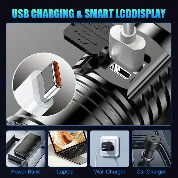 Tactical LED Flashlight 2000LM USB Rechargeable Waterproof Grade Zoom Torch Bright Portable Emergency Light for Camping Outdoor