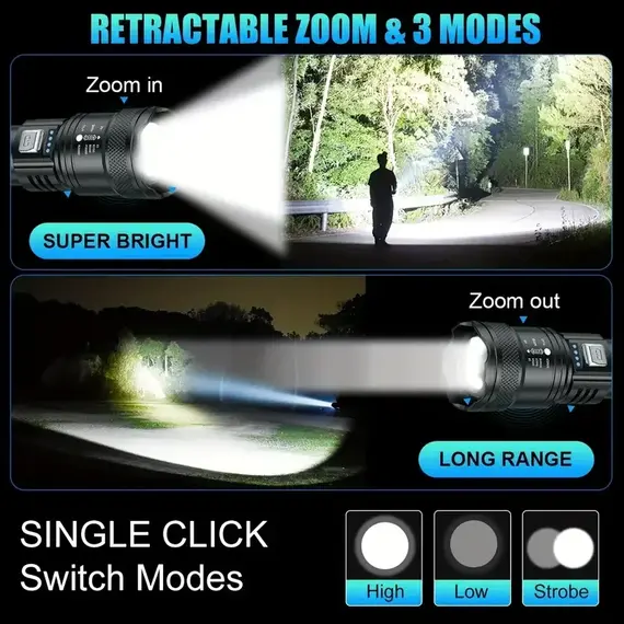 Tactical LED Flashlight 2000LM USB Rechargeable Waterproof Grade Zoom Torch Bright Portable Emergency Light for Camping Outdoor