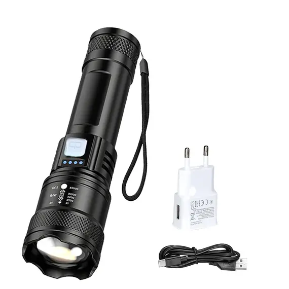 Tactical LED Flashlight 2000LM USB Rechargeable Waterproof Grade Zoom Torch Bright Portable Emergency Light for Camping Outdoor