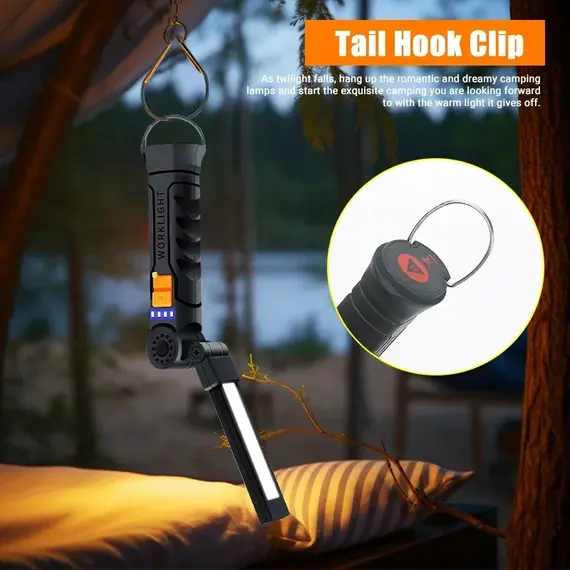 Portable COB LED Flashlight Rechargeable Work Light with Magnetic Lanterna Hanging Lamp with Built-in Battery Camping Torch