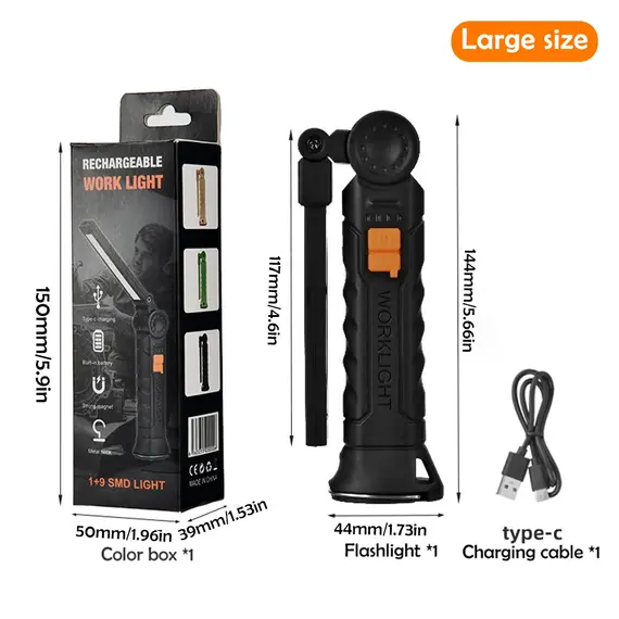 Portable COB LED Flashlight Rechargeable Work Light with Magnetic Lanterna Hanging Lamp with Built-in Battery Camping Torch
