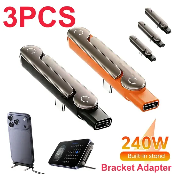 3PCS Type C Phone Charging Bracket Adapter 240W Fast Charging OTG Type-C Male to USB-C Female Converter With Foldable Holder