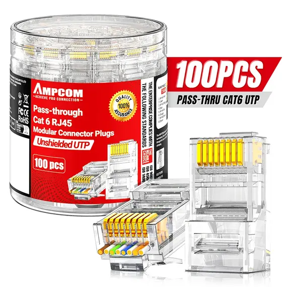 AMPCOM RJ45 Modular Plug in Canister Packaging Pass-Thru CAT6 Connector UTP 3μ 8P8C Crimp End for Ethernet Cable,100/50/30PCS