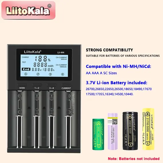 LiitoKala Lii-M4 18650 Charger LCD Display Universal Smart Charger Test Capacity 26650 18650 21700 AA AAA Battery 4slot 5V 2A