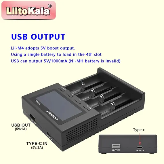 LiitoKala Lii-M4 18650 Charger LCD Display Universal Smart Charger Test Capacity 26650 18650 21700 AA AAA Battery 4slot 5V 2A